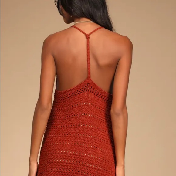 Mojave Muse Rust Orange Crochet Sleeveless Mini Dress lulus - Picture 2 of 9